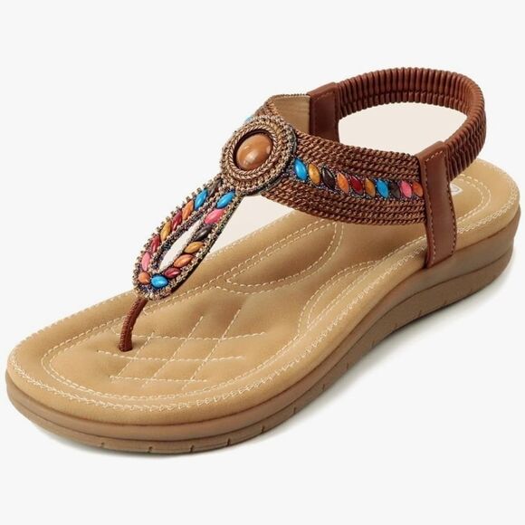 🩵⏭️NIB Brown Beaded Cushioned Boho Sandals Size 8 - Picture 3 of 12